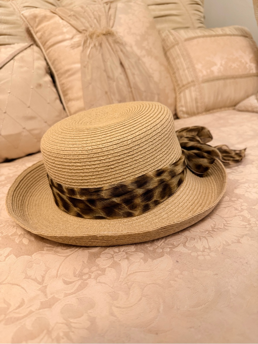 Straw Boater Hat with Leopard Band - Beige